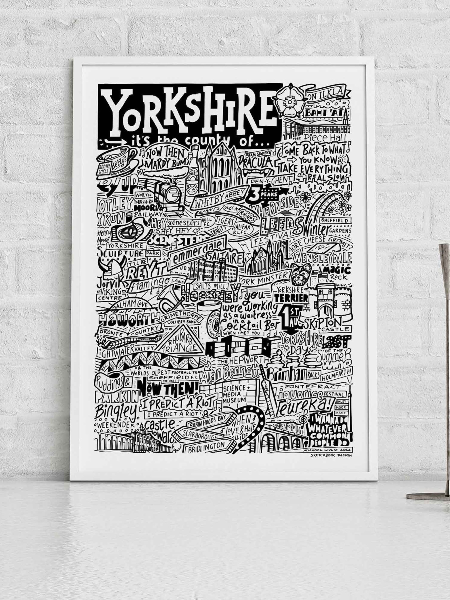 Sketchbook Design Unisex Multi Yorkshire Landmarks Illustration Framed Wall Art Print - Image 1