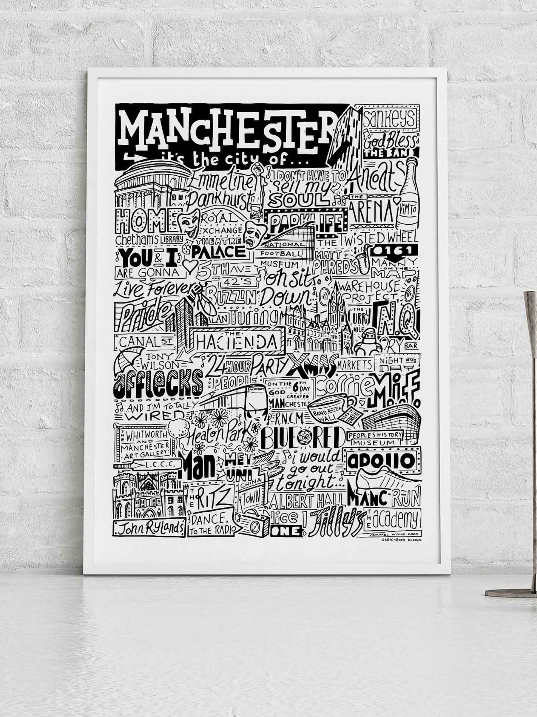 Sketchbook Design Manchester Landmarks A3 Art Print - White Frame - Image 2