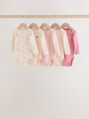 Ecru/Pink Cloud Long Sleeve Baby Bodysuits 5 Pack - Image 1 of 11