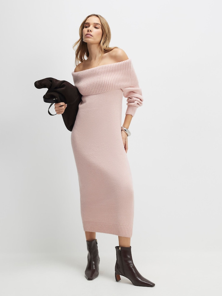 River Island Pink Long Sleeve Bardot Knitted Midi Dress - Image 1 of 4