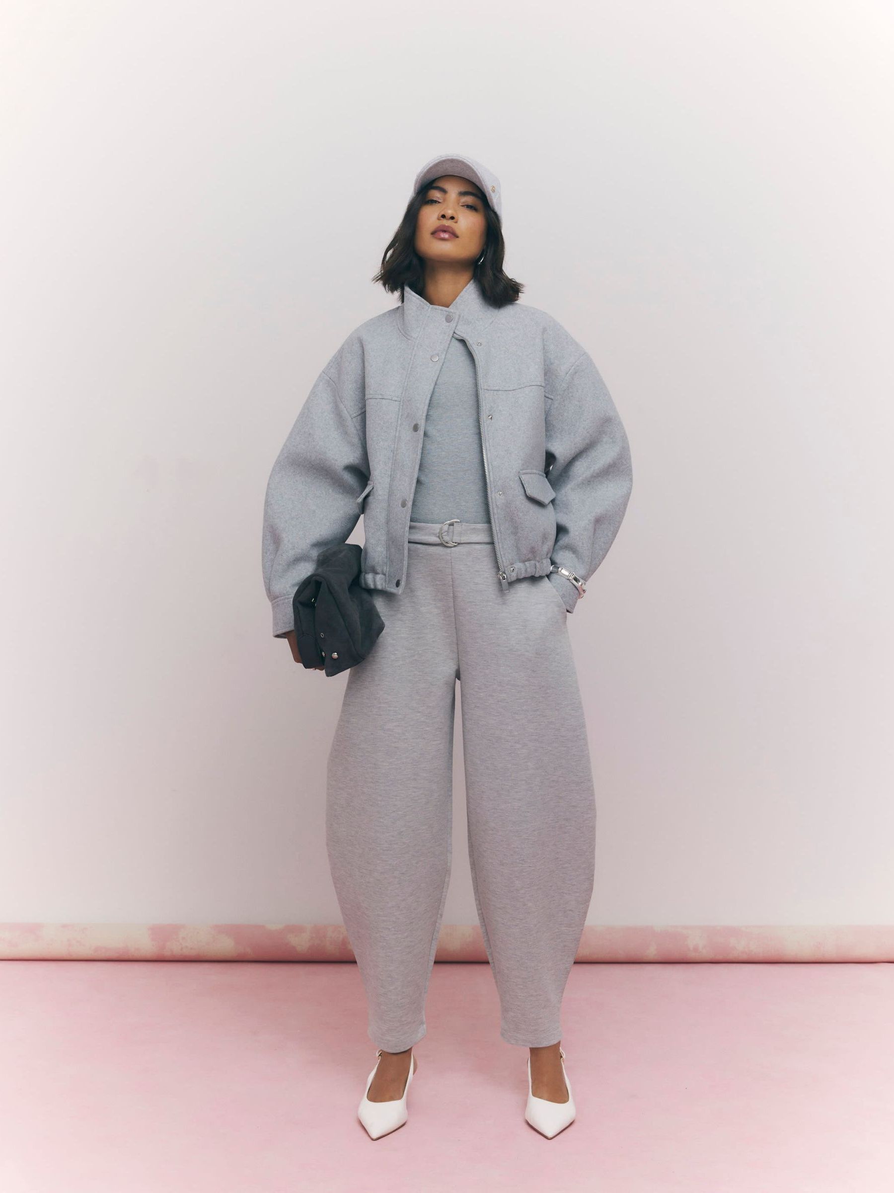 Buy River Island Grey Faux Wool Funnel Neck Bomber Jacket from