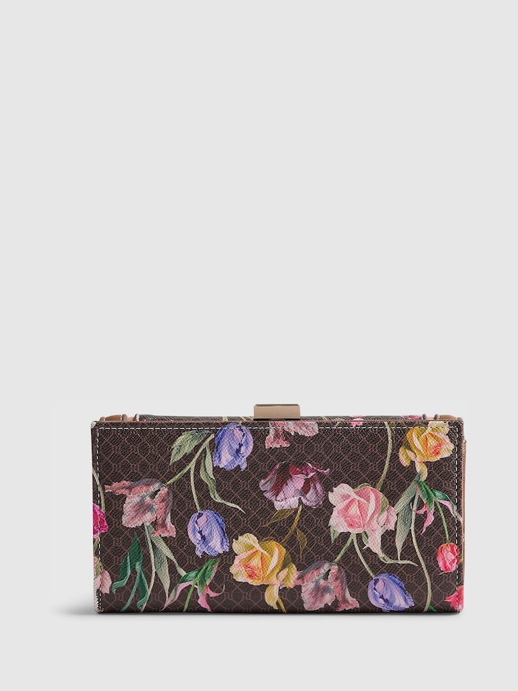 River Island Brown Flora Print on Monogram Cliptop Purse - Image 2 of 5