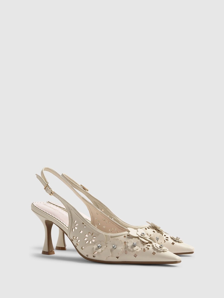 River Island Cream 3D Flower Heeled Court Shoes - Image 2 of 5