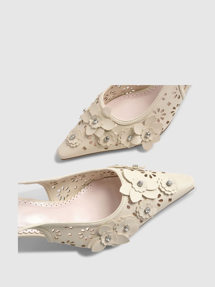 River Island Cream 3D Flower Heeled Court Shoes - Image 5 of 5