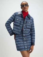 River Island Blue Boucle Faux Leather Trim Trophy Jacket - Image 1 of 4