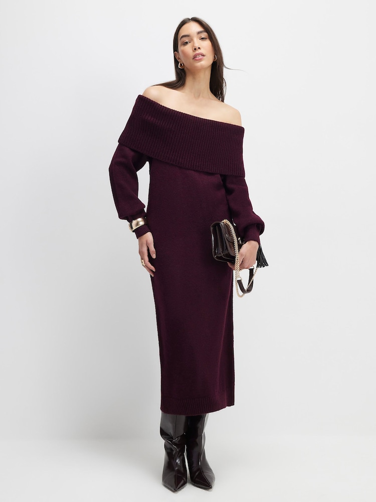 River Island Red Long Sleeve Bardot Knitted Midi Dress - Image 1 of 4