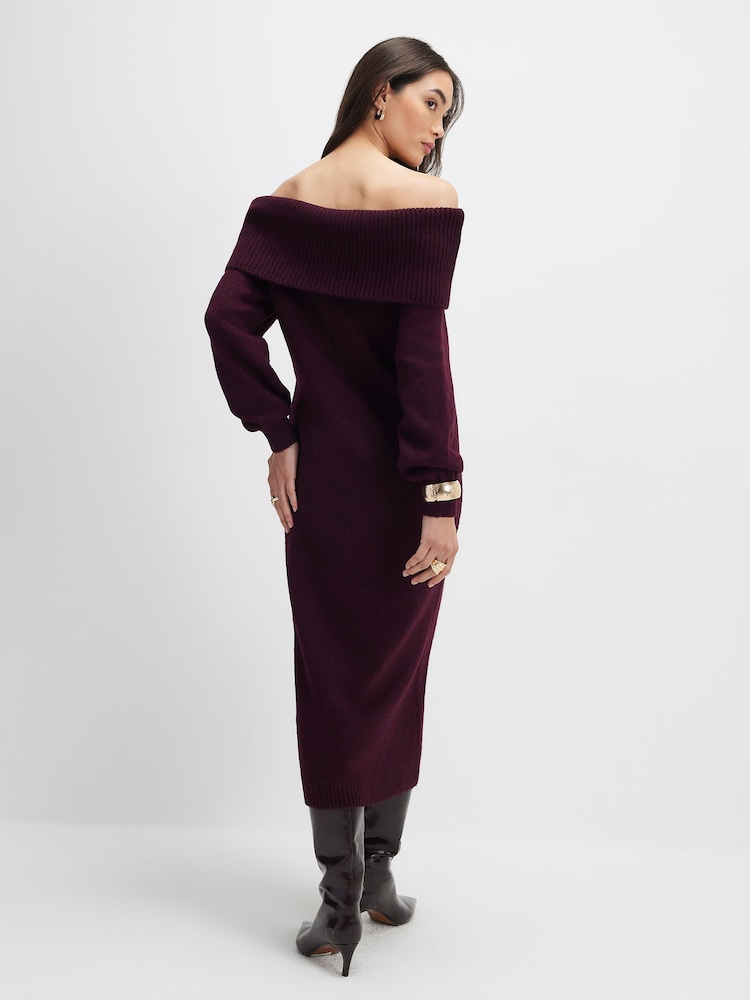 River Island Red Long Sleeve Bardot Knitted Midi Dress - Image 4 of 4