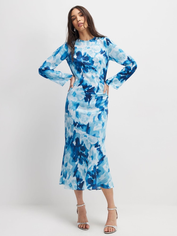 River Island Blue Long Sleeve Floral Print Cloumn Dress - Image 1 of 3