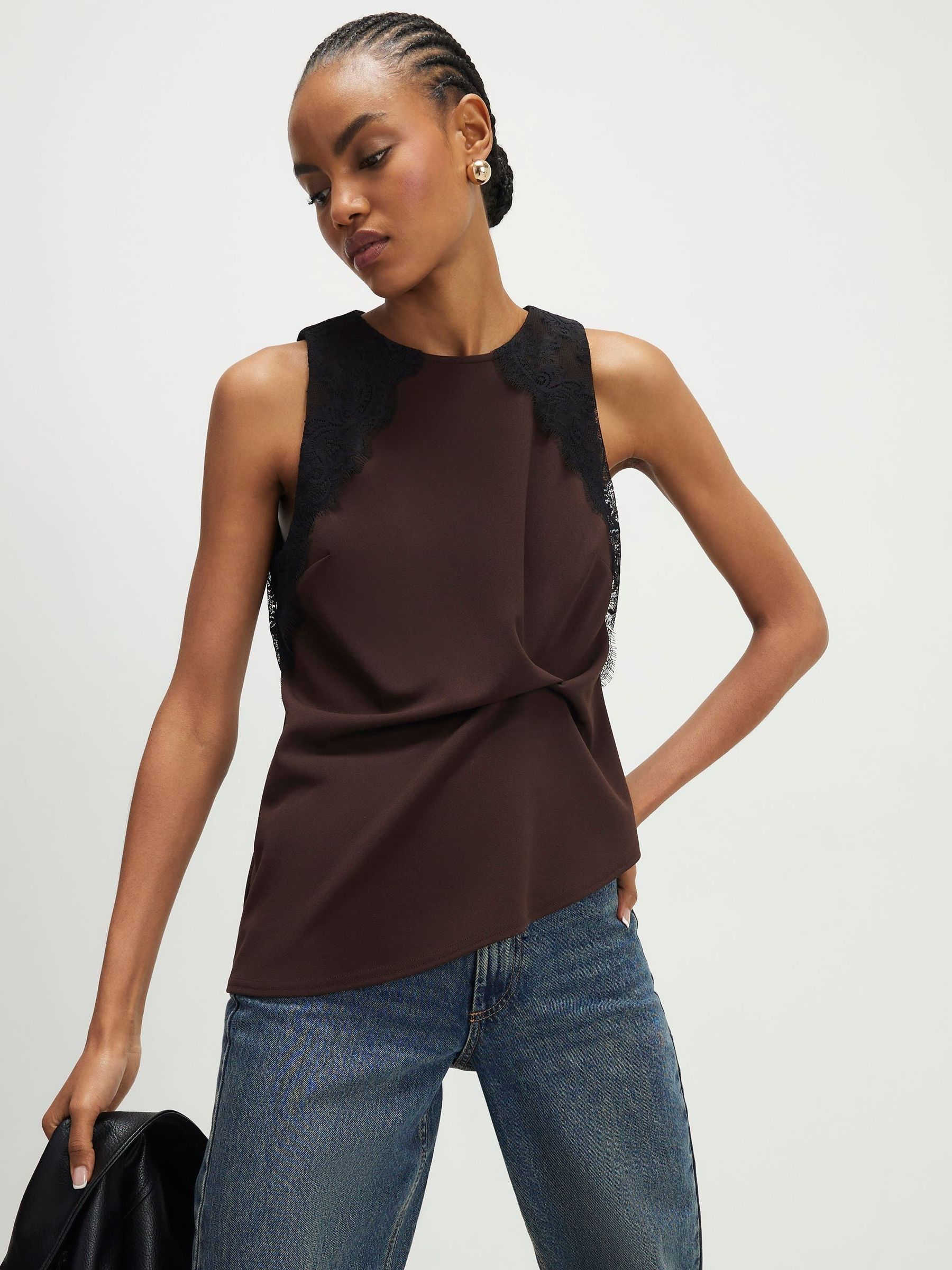 な*）様 ANDWANG Cross lace tanktop Buy River Island Brown Sleeveless Lace Trim Twist Front Top from