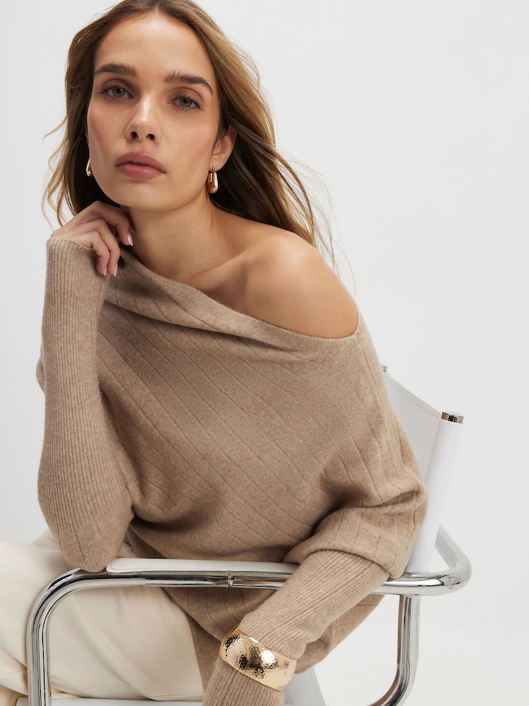 River Island Brown Long Sleeve Bardot Ribbed Jumper - Image 1 of 4 River Island Brown Long Sleeve Bardot Ribbed Jumper - Image 1 of 4