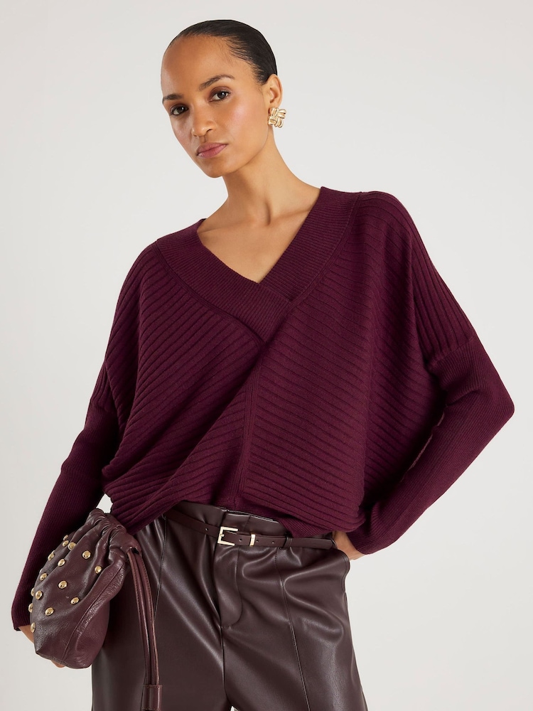 River Island Red Long Sleeve V-Neck Ribbed Jumper - Image 1 of 4