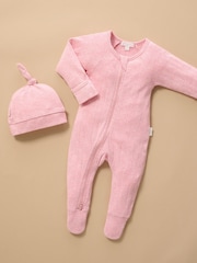 Purebaby Pink Pointelle Sleepsuit & Hat - Image 1 of 1