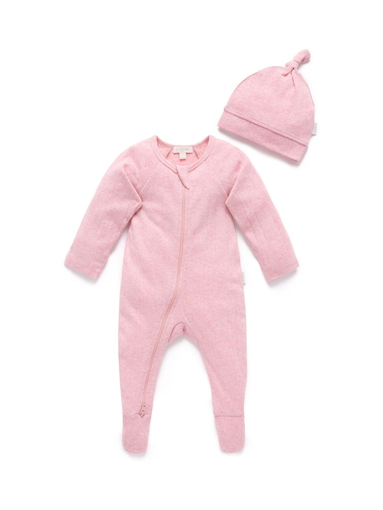 Purebaby Pink Pointelle Sleepsuit & Hat - Image 2 of 5