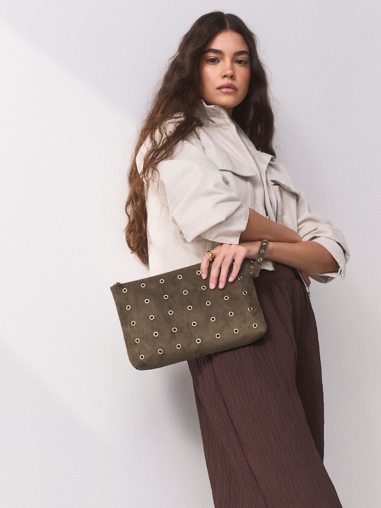 Chocolate Brown Suedette Eyelet Pouch - Image 1 of 9 Chocolate Brown Suedette Eyelet Pouch - Image 1 of 9