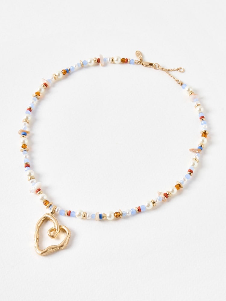 Oliver Bonas Blue Jackson Heart Pendant Beaded Necklace - Image 1 of 4