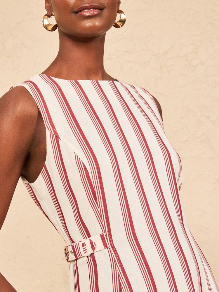 Love & Roses Ecru Petite Tailored Linen Look Striped Midi Dress With Belt Detail - Image 2 of 4