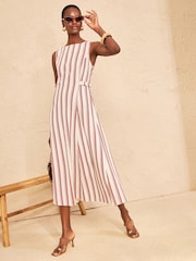 Love & Roses Ecru Petite Tailored Linen Look Striped Midi Dress With Belt Detail - Image 3 of 4