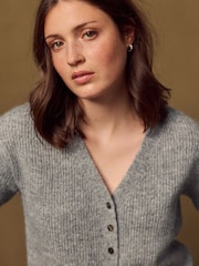 Grey Marl Long Sleeve V-Neck Rib Cardigan With Wool - Image 4 of 7