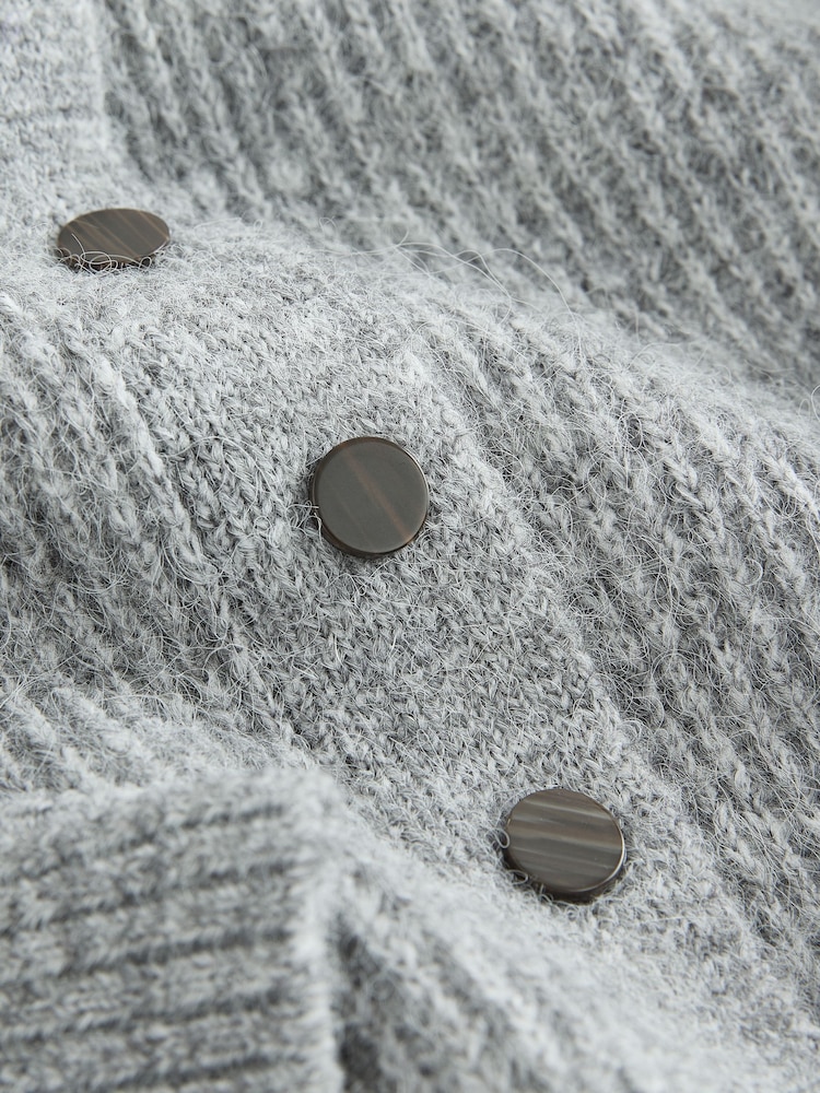 Grey Marl Long Sleeve V-Neck Rib Cardigan With Wool - Image 7 of 7