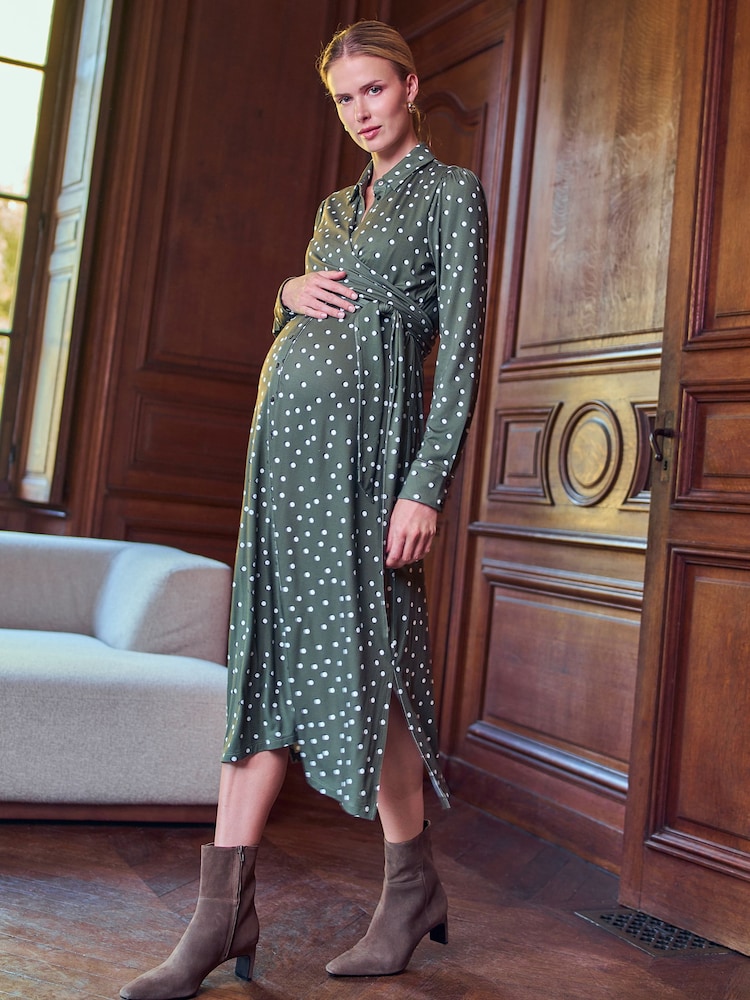 Seraphine Green Maternity Spot Wrap Nursing Midi Dress - Image 1 of 5