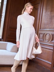Seraphine Ivory Maternity Turtle Neck Pleated Nursing Midi Dress - Image 1 of 5