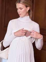 Seraphine Ivory Maternity Turtle Neck Pleated Nursing Midi Dress - Image 3 of 5