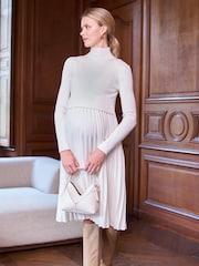 Seraphine Ivory Maternity Turtle Neck Pleated Nursing Midi Dress - Image 4 of 5