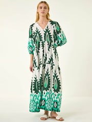 Roman Aztec Print V-Neck Midi Dress - Imaginea 1 din 5