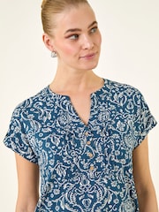Roman Blue Abstract Print Pleat Front Top - Image 1 of 5