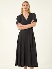 Roman Black Wrap Bodice Belted Midi Dress - Image 1 of 5