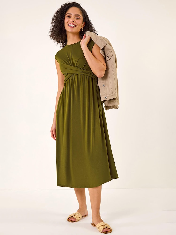 Roman Green Cross-Over Front Stretch Midi Dress - Image 1 of 5 Roman Green Cross-Over Front Stretch Midi Dress - Image 1 of 5