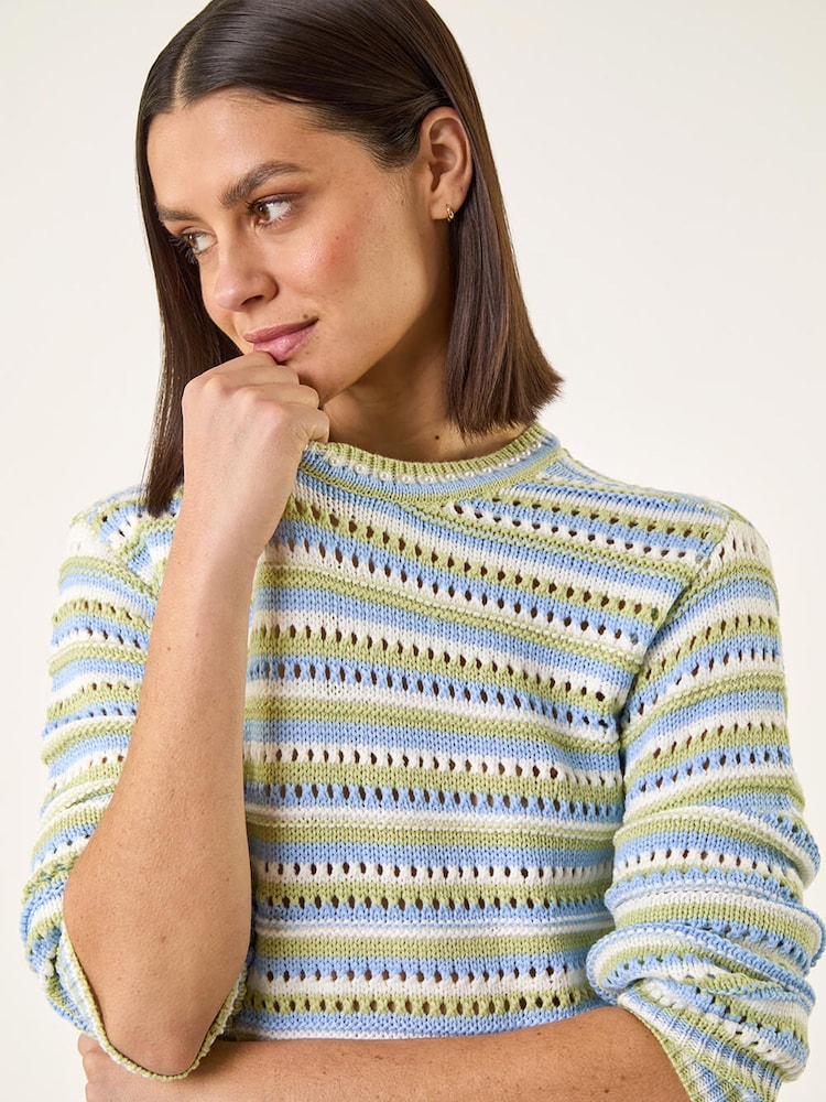 Roman Green Stripe Pointelle Crew Neck Knit Jumper - Image 1 of 5 Roman Green Stripe Pointelle Crew Neck Knit Jumper - Image 1 of 5