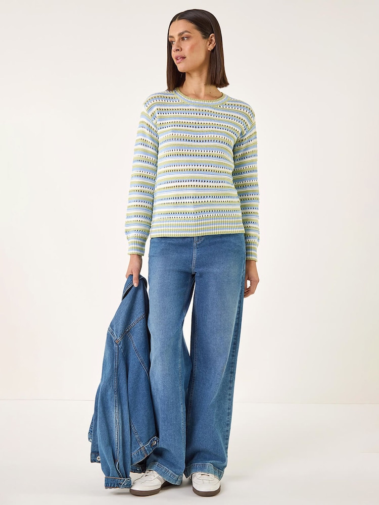 Roman Green Stripe Pointelle Crew Neck Knit Jumper - Image 2 of 5 Roman Green Stripe Pointelle Crew Neck Knit Jumper - Image 2 of 5