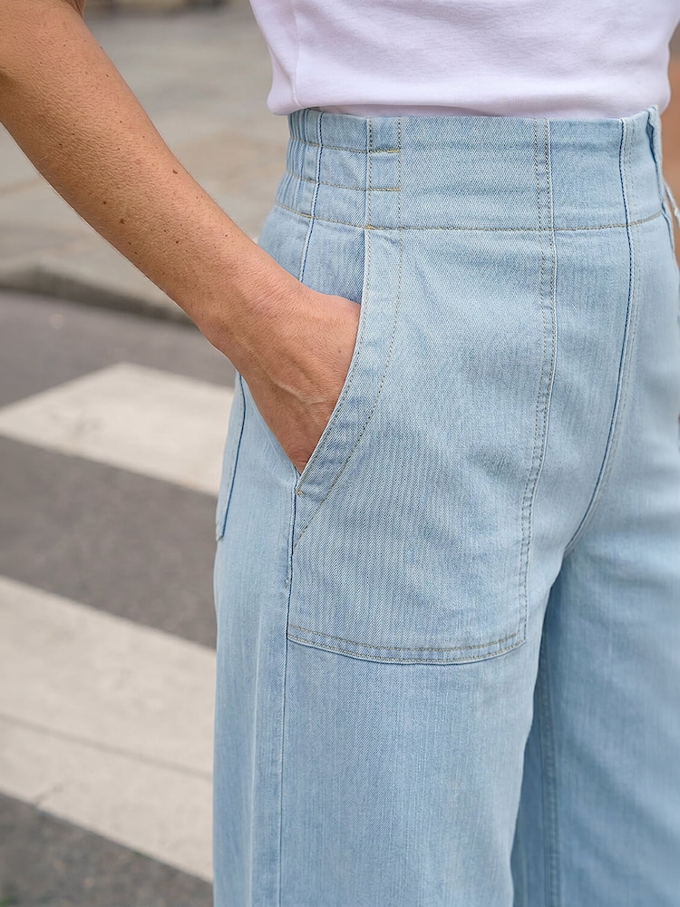 Denim Blå - Roman Pocket Detalj Stretch Breda ben Byxor - Bild 4 av 4