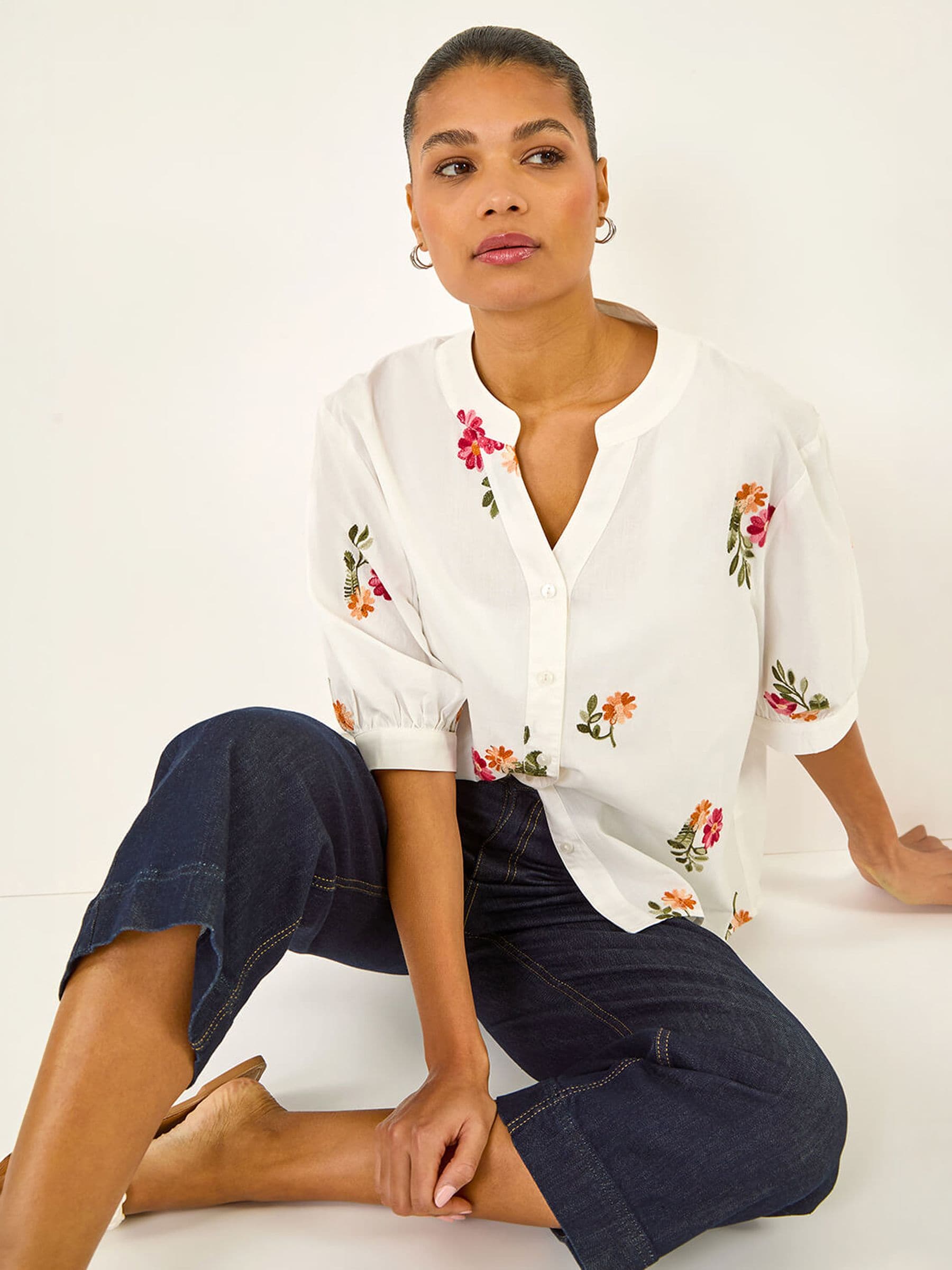 Buy Roman White Floral Embroidered V-Neck Blouse from Next USA