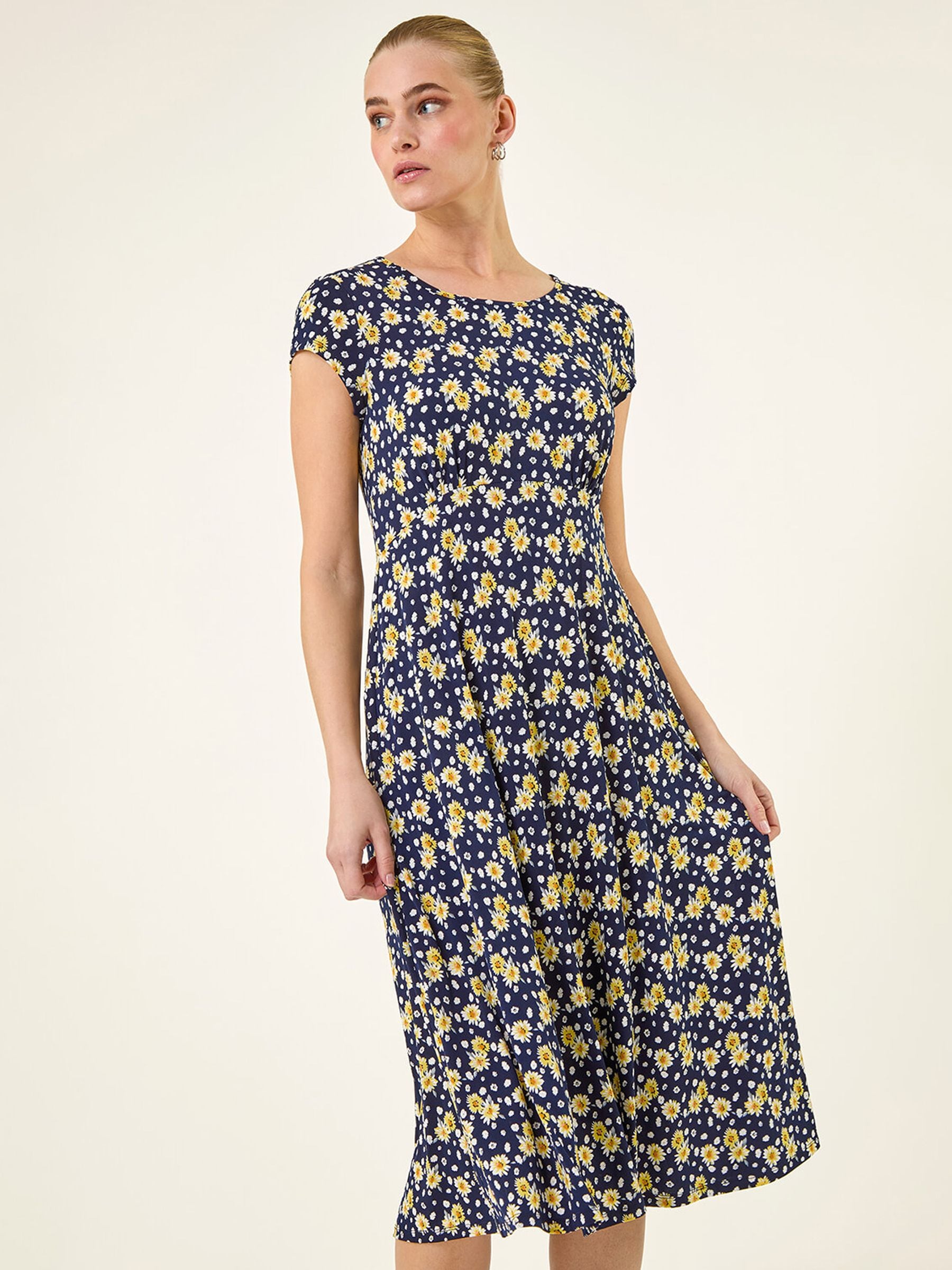 Roman Women's Yellow Daisy Print Midi Tea Dress