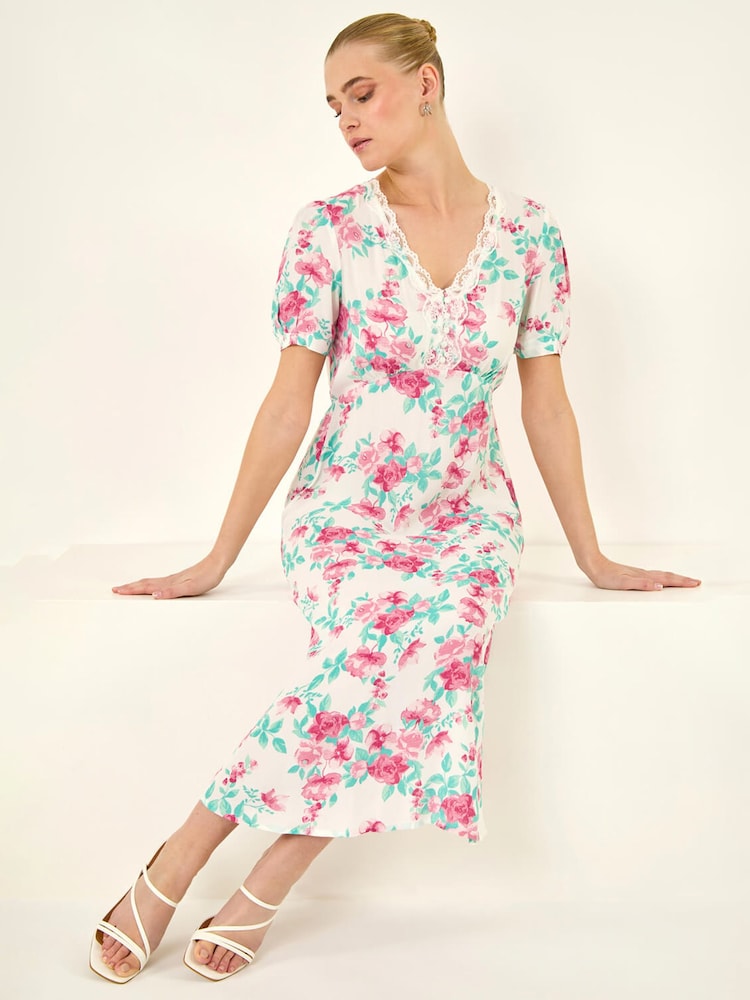 Roman White Floral Lace Trim Midi Dress - Image 1 of 5