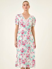 Roman White Floral Lace Trim Midi Dress - Image 4 of 5