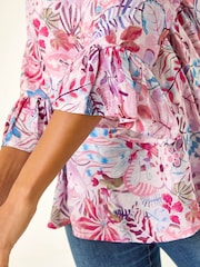 Roman Pink Floral Flare Sleeve Top - Image 6 of 6