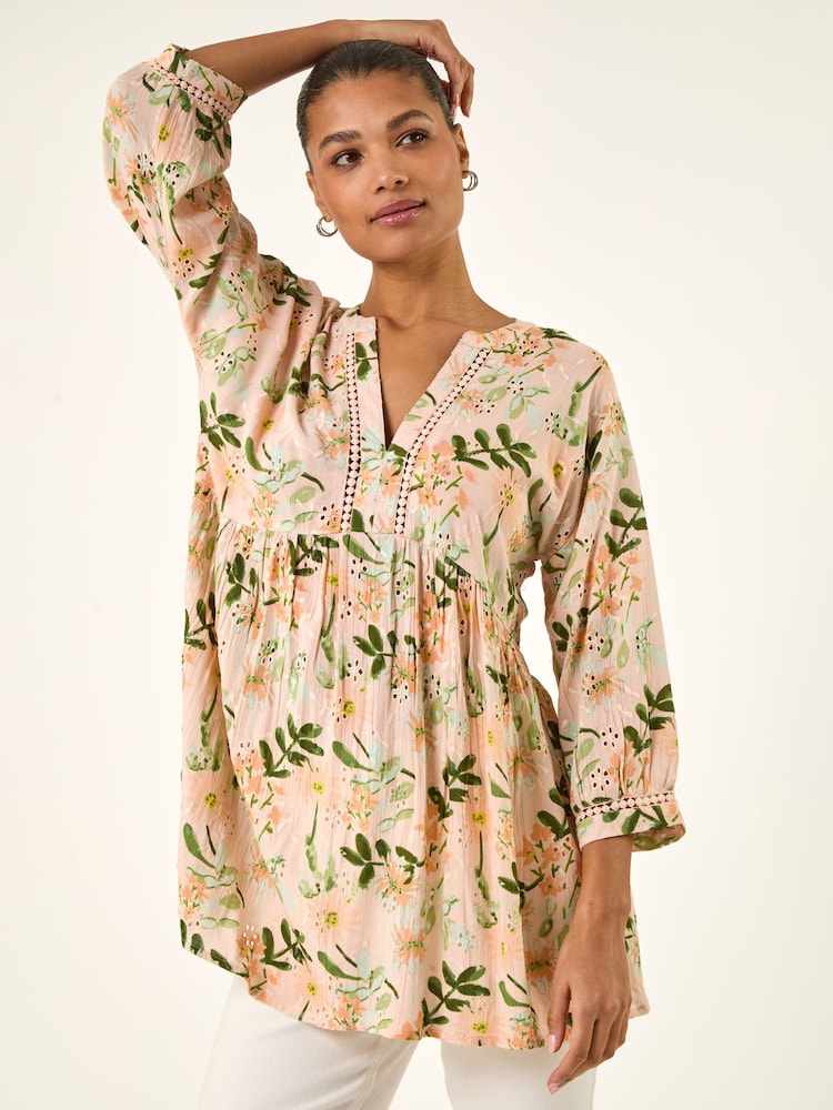 Roman Orange Floral Broidery Trim Tunic Top - Image 1 of 5