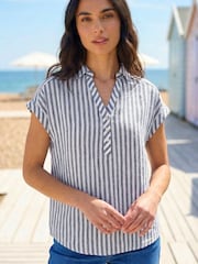 Roman Blue Stripe Print Button Front Top - Image 1 of 5