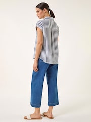 Roman Blue Stripe Print Button Front Top - Image 3 of 5