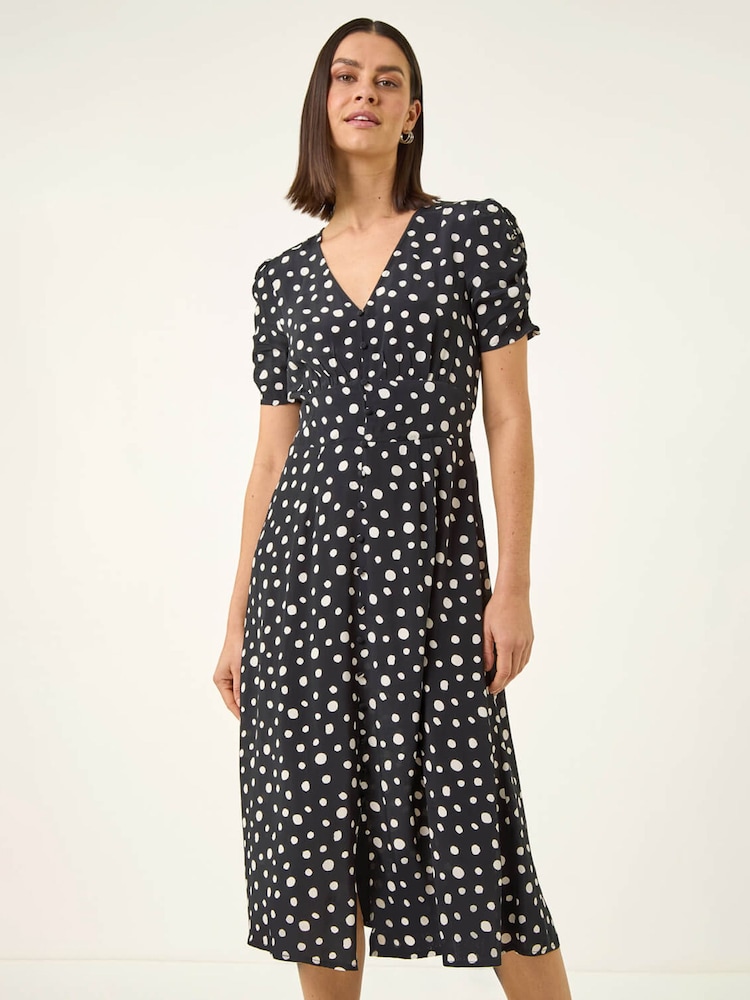 Roman Black Polka Dot Ruched Sleeve Midi Dress - Image 1 of 5 Roman Black Polka Dot Ruched Sleeve Midi Dress - Image 1 of 5