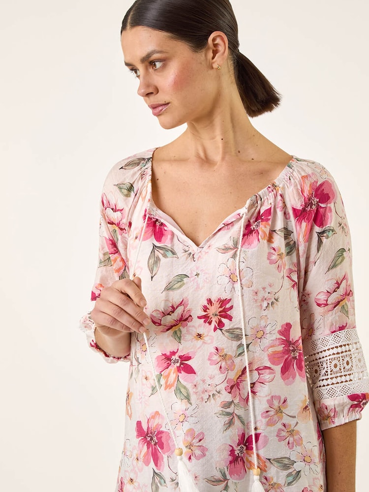 Roman Pink Floral Tie Front Top - Image 1 of 5