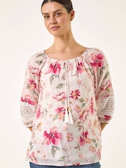 Roman Pink Floral Tie Front Top - Image 4 of 5