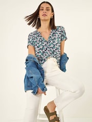 Roman Green Textured Floral Print Top - Image 1 of 5