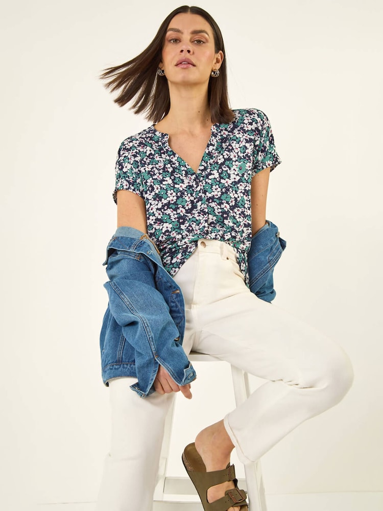 Roman Green Textured Floral Print Top - Image 1 of 5
