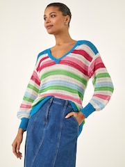 Roman Blue Stripe V-Neck Knit Jumper - Image 4 of 5