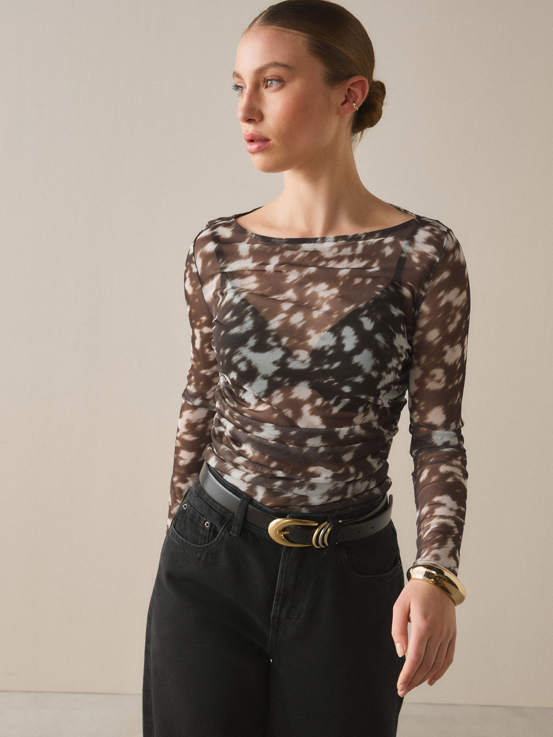 Brown Deer Print - Ruched Long Sleeved Mesh Top