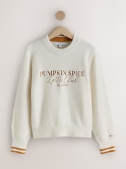 Ecru Pumpkin Spice Graphic Long Sleeve Crew Neck Knitted Jumper With Wool - Image 7 of 9